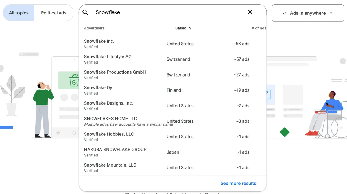 The search box of the Google Ads Transparency Center: typing a company name lists every advertiser with a similar name, with its country, a verified label and an approximate number of ads