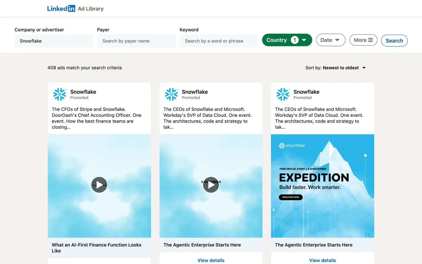 LinkedIn Ad Library results for one advertiser filtered on one country: the number of matching ads and the first three ad previews