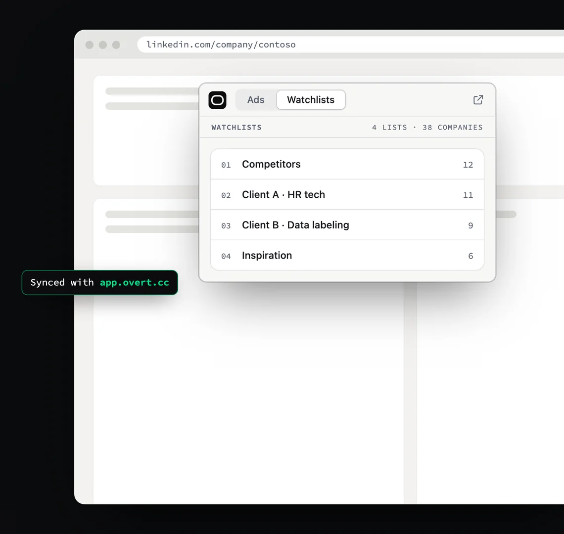 The extension’s watchlists: four lists, 38 companies, synced with app.overt.cc.